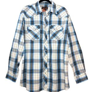 Pintlar | Western Blue Plaid Long Sleeve Pearl Snap Collard Shirt XL